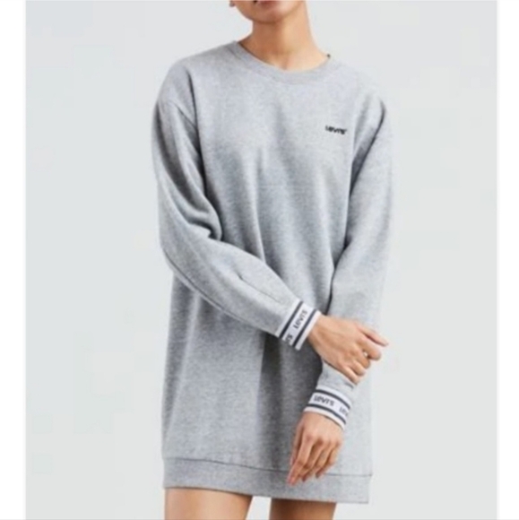 Levi’s Grey Sweatshirt Logo Cuff Long Sleeve Mini Dress Women's XS 100% Cotton - Picture 1 of 9